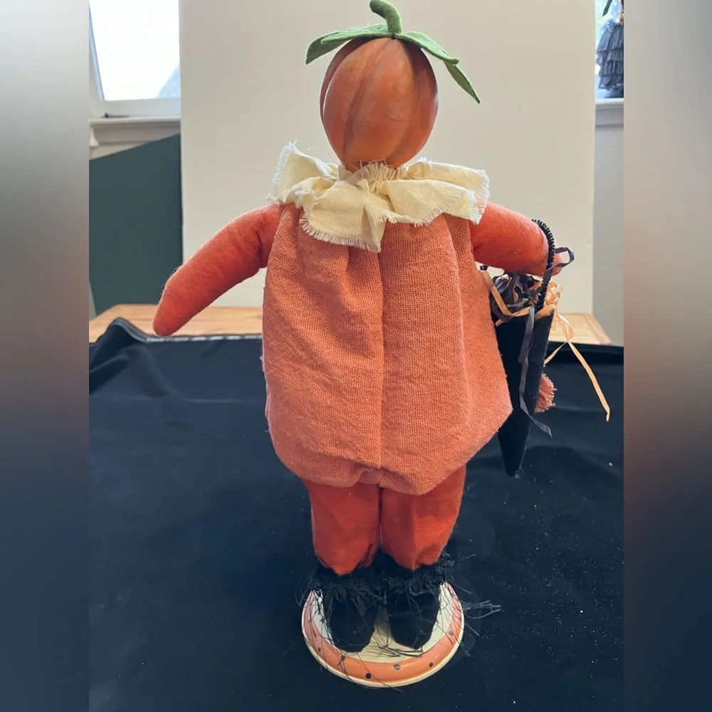 Handmade Halloween Pumpkin Cloth Figurine 15” Happy Pumpkin Head